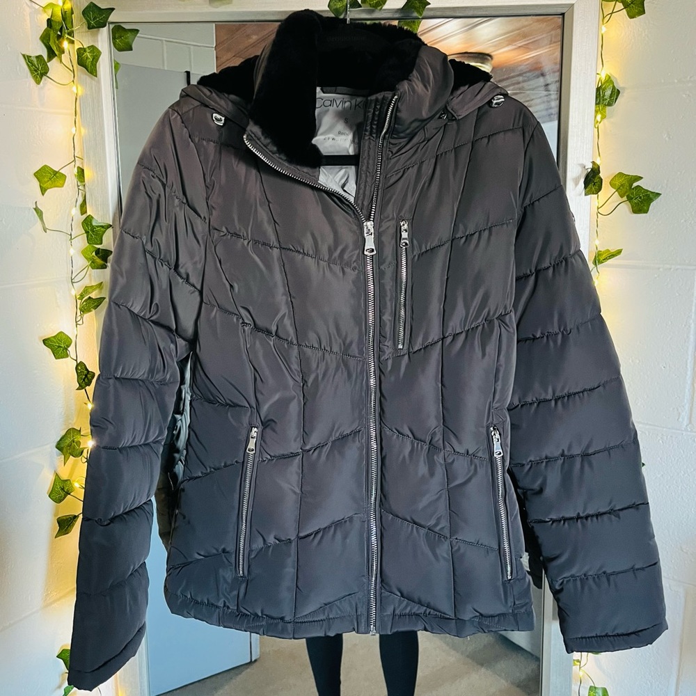 Calvin Klein Womens Repel 2 Degree Puffer Jacket Coat Faux Fur Collar Gray Small